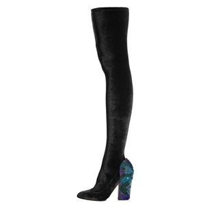 Sergio Rossi Black EMBELLISHED VELVET Over Knee Boots Shoes Sz 5.5 US NEW